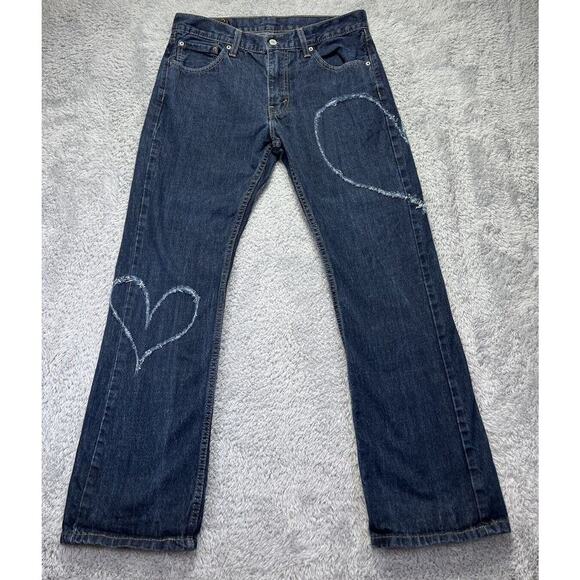 Levi's 527 Boot‎ Cut 34x29 Blue Womens Denim Jeans Hearts Patches Baggy - Picture 1 of 12